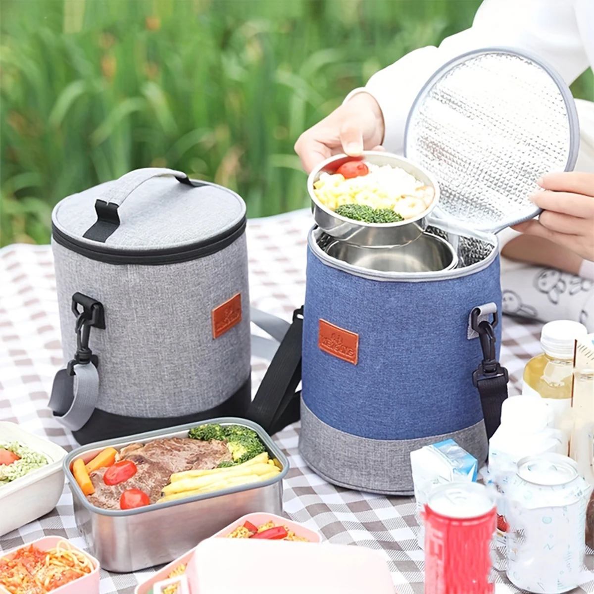 Round Aluminium Foil Lunch Bag Bento Bag Shoulder Waterproof Large Capacity Lunch Bag Suitable for Office School Camping Use