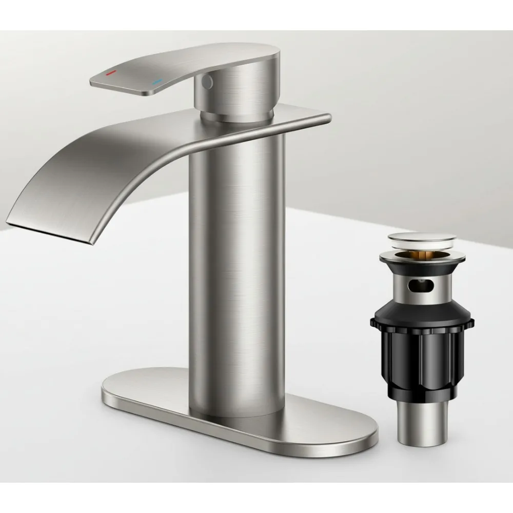 

Смеситель для ванной комнаты с водопадом, матовый никель, одна ручка, конструкция с защитой от брызг и металлический слив для раковины в туалетном столике