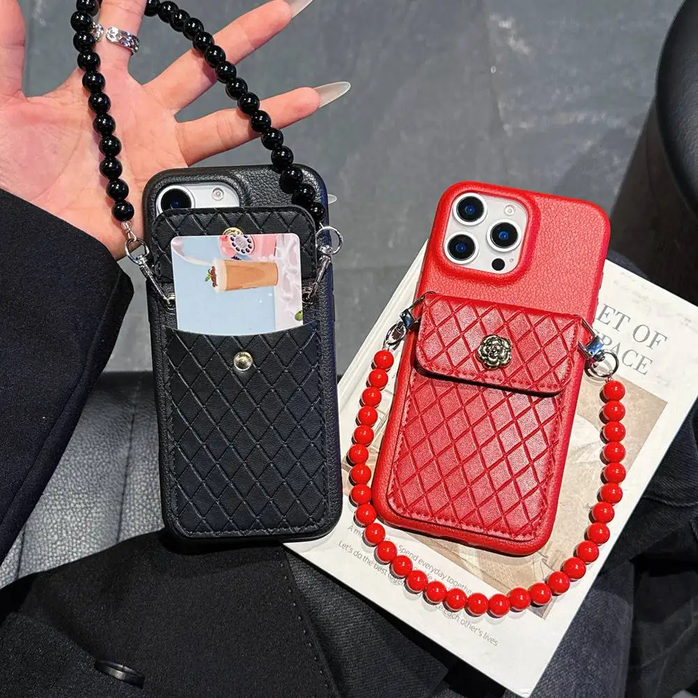 Luxury Bead Bracelet Hand Lanyard Wallet Phone Case For iPhone 16 11 12 13 14 Pro Max 15 Plus Card Slot Bag Card Holder Cover