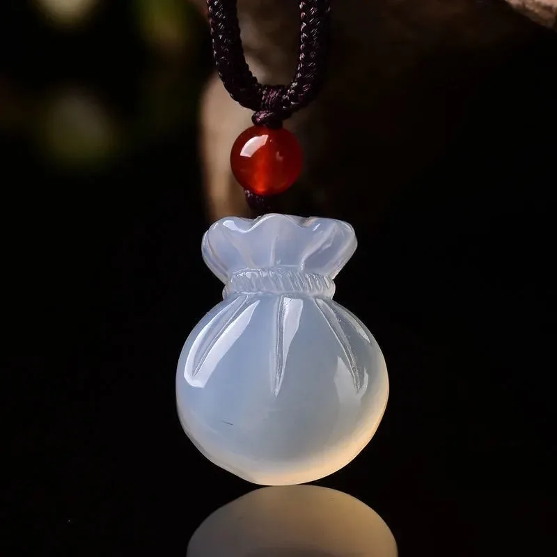Natural Agate Blessing Bag Pendant Necklace Charm Jewellery Fashion Accessories Hand-carved Woman Lucky Amulet Sweater Chain