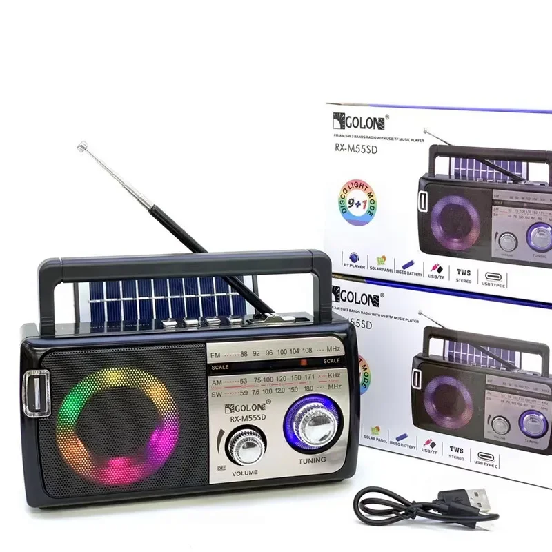 Vintage Disco Light Przenośne radio AM/FM/SW 3-pasmowe radio Głośnik energii słonecznej Odbiornik radiowy o wysokiej czułości USB/TF z kablem typu C