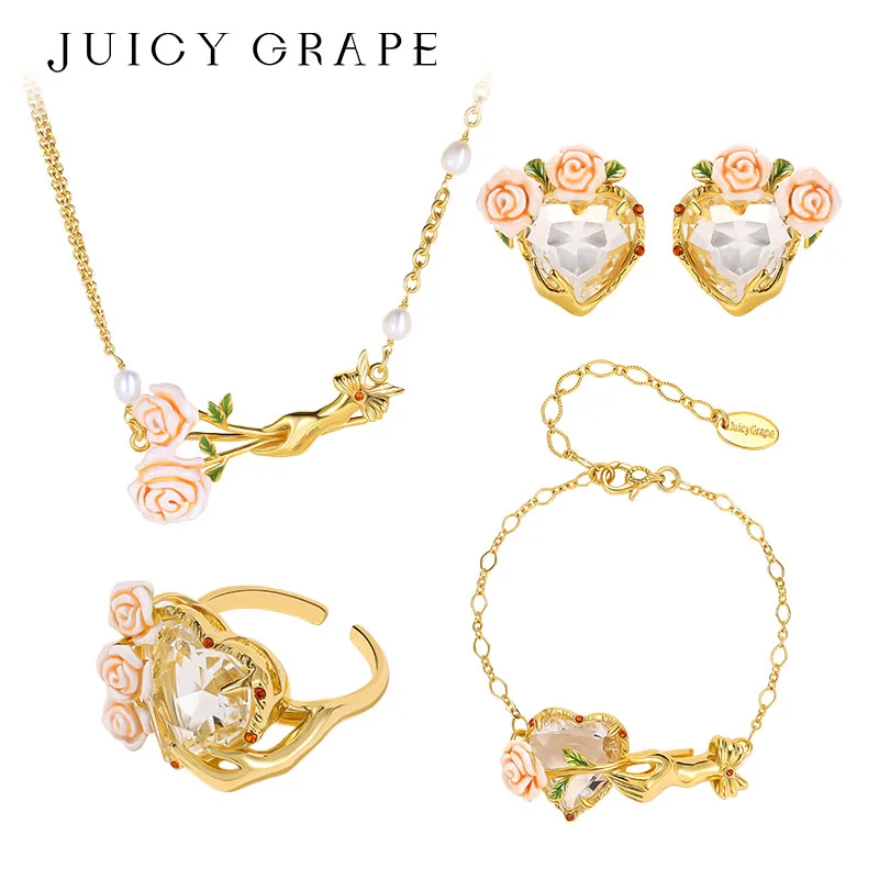 

Women's Juicy Grape Enamel Rose Gemstone Jewelry Set with Adjustable Ring Earrings Bracelet Necklace - Elegant Gift Accessory