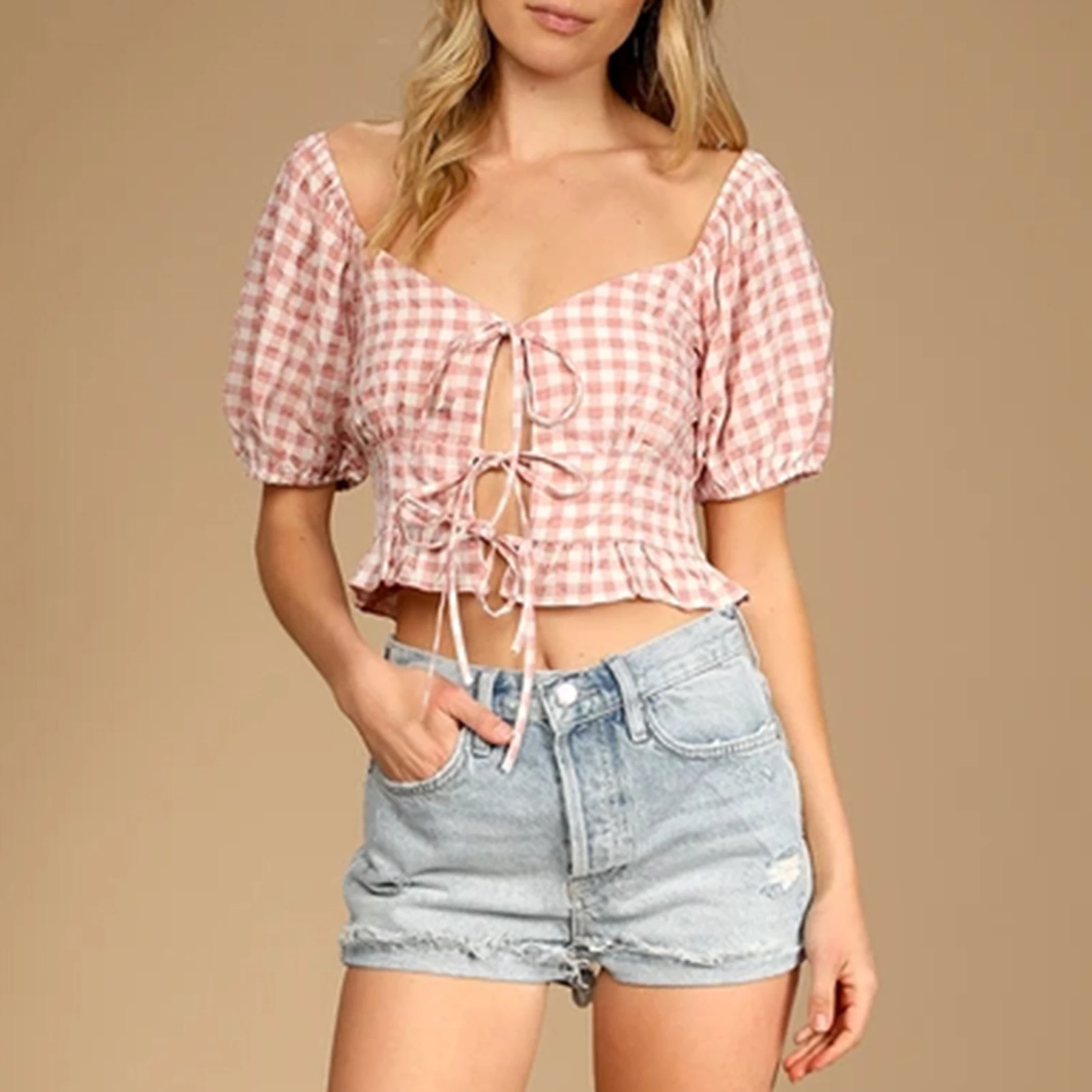 

Women's Aesthetic Slim Fit Plaid Print T-Shirt Ruffle Hem Bow Tie Closure Sweetheart Neck Short Sleeve Cropped Top Streetwear