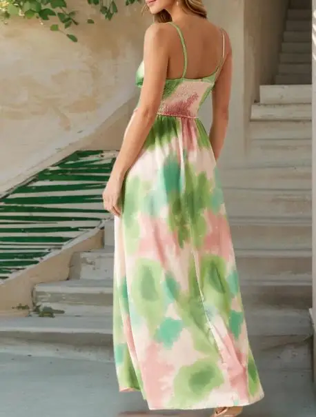 Dames getailleerde taille en elegante strandjurk 2025, zomer Boheemse vakantie, lange jurk met V-hals en bloemen