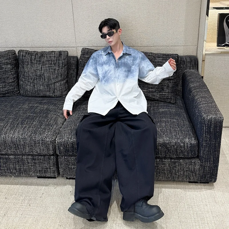 Retro Chinese Sle Long Sve irt Jaet Men's Casual Loose Printed Outerwear Water Ink adient Stand Fit Polyester