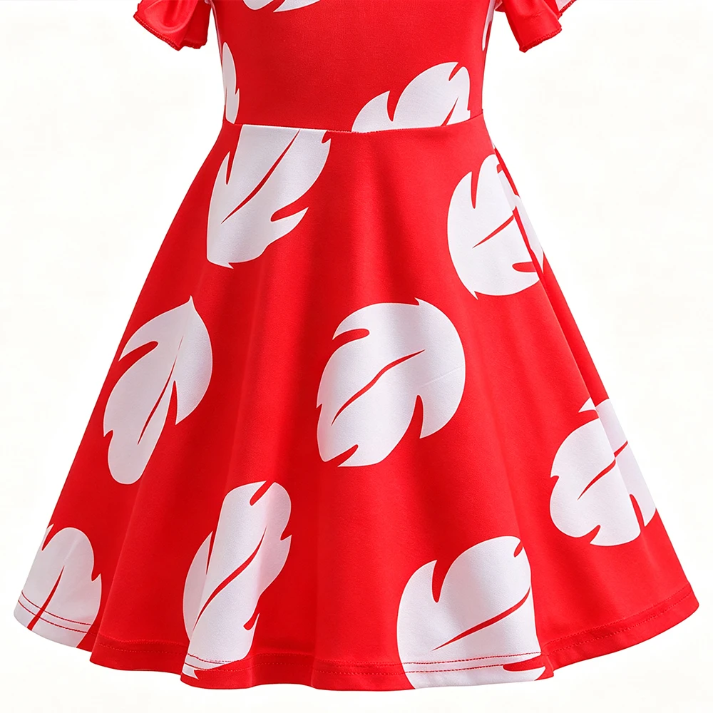 Cute Tropical Cartoon Dress for Girls Summer Hawaiian Costume Red Leaf Pattern Kids Knee Length Skirt with Flowy Sleeves 3-10Y view 6