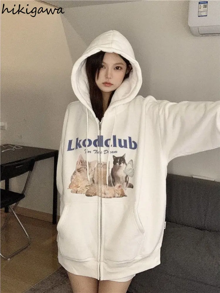 Harajuku Hoodie Women Clothing Cat Print Long Sleeve Zipper Jackets 2023 Ropa Mujer Thicked Fashion Casual Hooned Y2k Sweatshirt