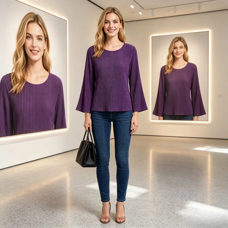 

Женская плиссированная футболка Miyake с длинным рукавом, новинка 2026 года, плиссированный топ, однотонный, с круглым вырезом, тонкий, свободный крой, большие размеры