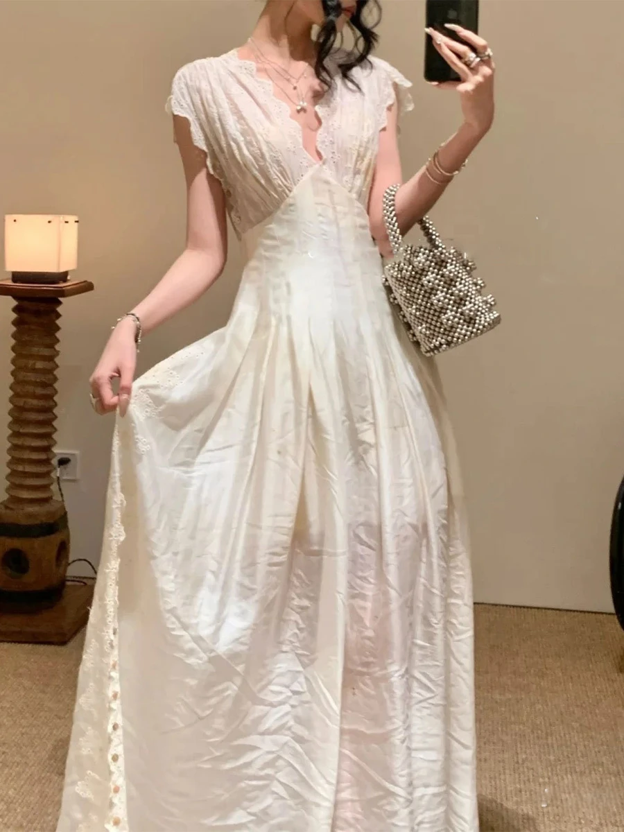 Twotwinstyle sólido solto sheer emendado dobras vestidos minimalistas para mulheres com decote em v mangas curtas elegante vestido longo moda feminina