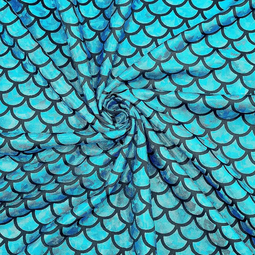 Mermaid Scales Fabric 39.4x59inch Dark Cyan Hologram 2 Way Stretch Fish Scale Fabric Sparkly Spandex Mermaid Printed Fish Scale