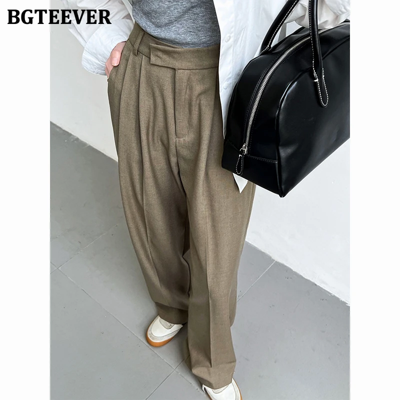 

Элегантные прямые брюки BGTEEVER для женщин, модные брюки с высокой талией и карманами, женские брюки с широкими штанинами