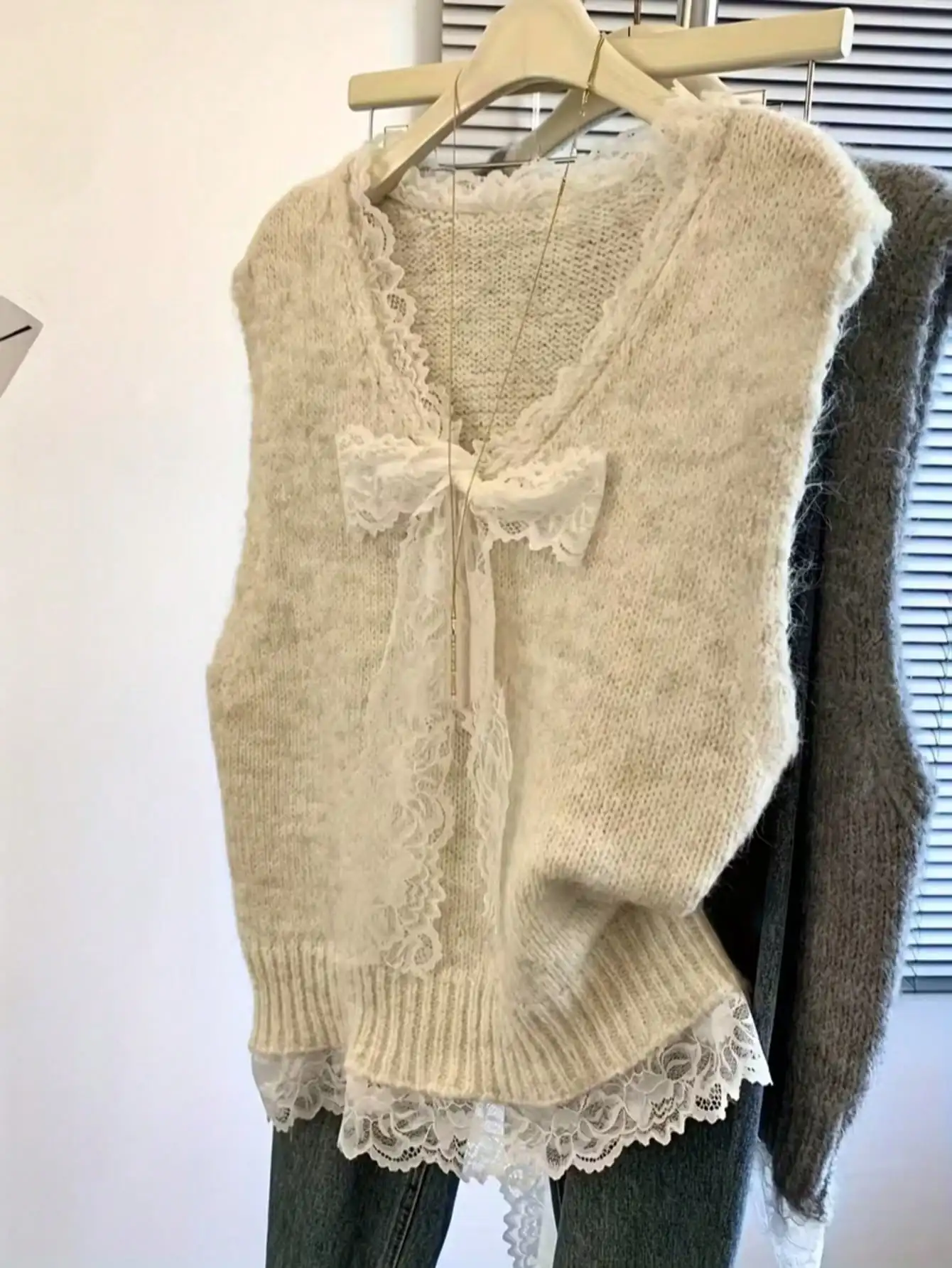 Women's Ivory Mohair & Lace Sleeveless Top |   Romantic Bow Detail Summer Knit |   Elegant Cover up for Date Night & Beach Vacation