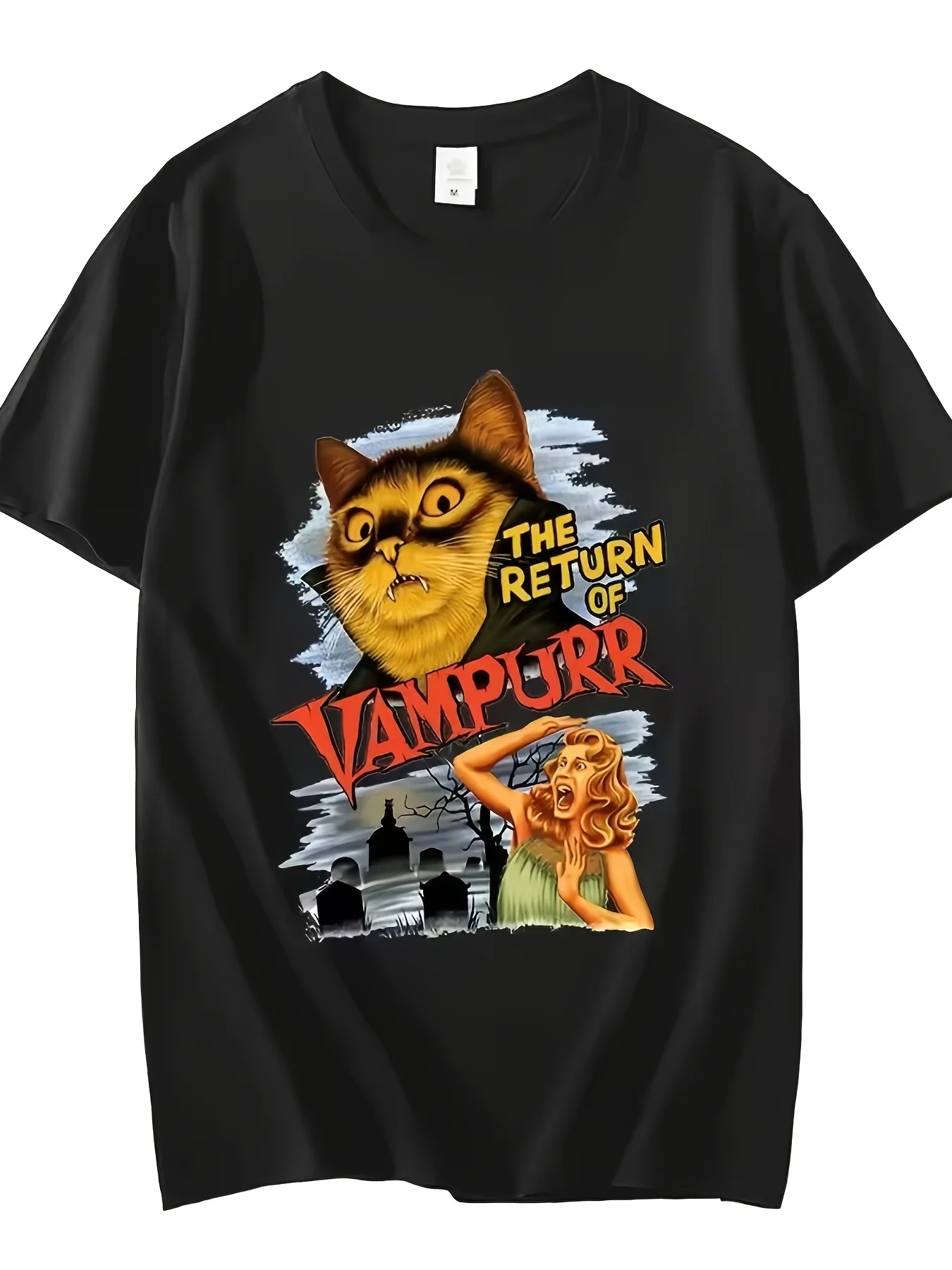 Vintage Vampurr Horror Cat Movie T Shirt Halloween Graveyard Graphic Crew Neck Cotton Funny Cat Lover Casual Streetwear Tee