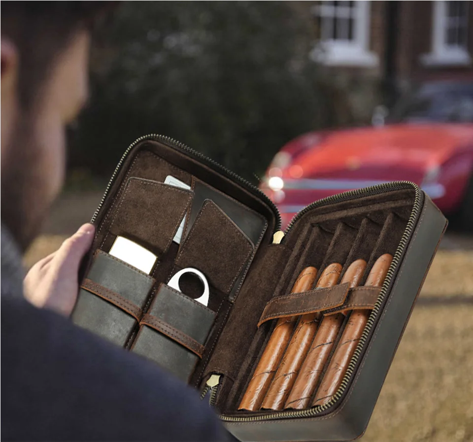 Contact's Family Echtes Leder Zigarre Reiseetui Halter Männer mit Feuerzeugschneider Tasche Humidor Box Zigarre Zubehör Geschenkset – Detail 2