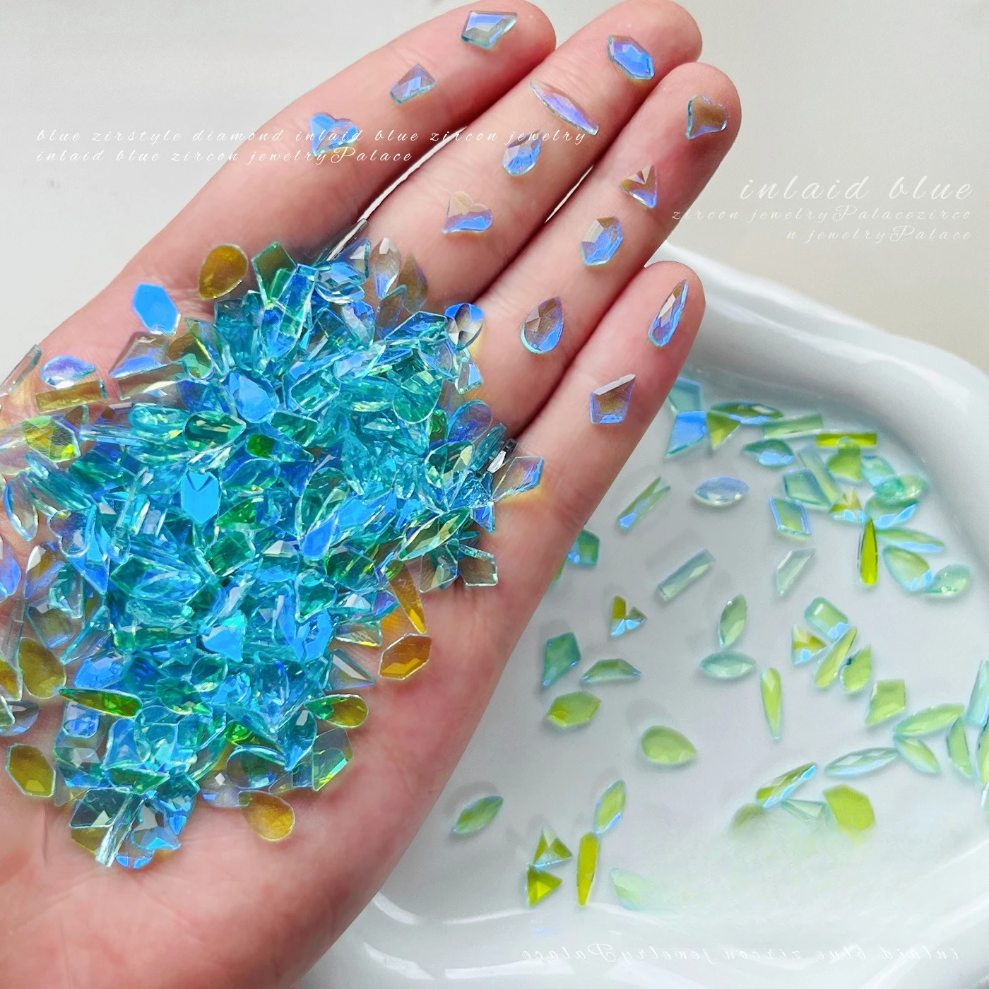 50Pcs Peacock Blue Ice Transparent Flat Back Nail Rhinestones, Mixed Irregular Sparkly Gems for DIY Nail Art Decoration