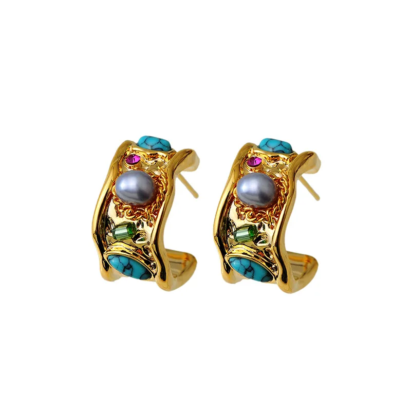 French court style 18k gold plated earrings turquoise inlaid with freshwater pearls high-end​ Exclusive Vintage Designs earrings