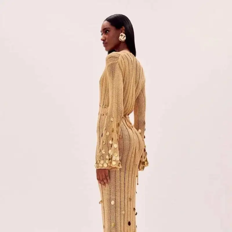 فستان ماكسي محبوك بالترتر اللامع ورقبة عميقة وأربطة عالية الخصر وأردية طويلة شفافة على الرغم من فساتين النادي للحفلات 2025 ملابس نسائية جديدة #4