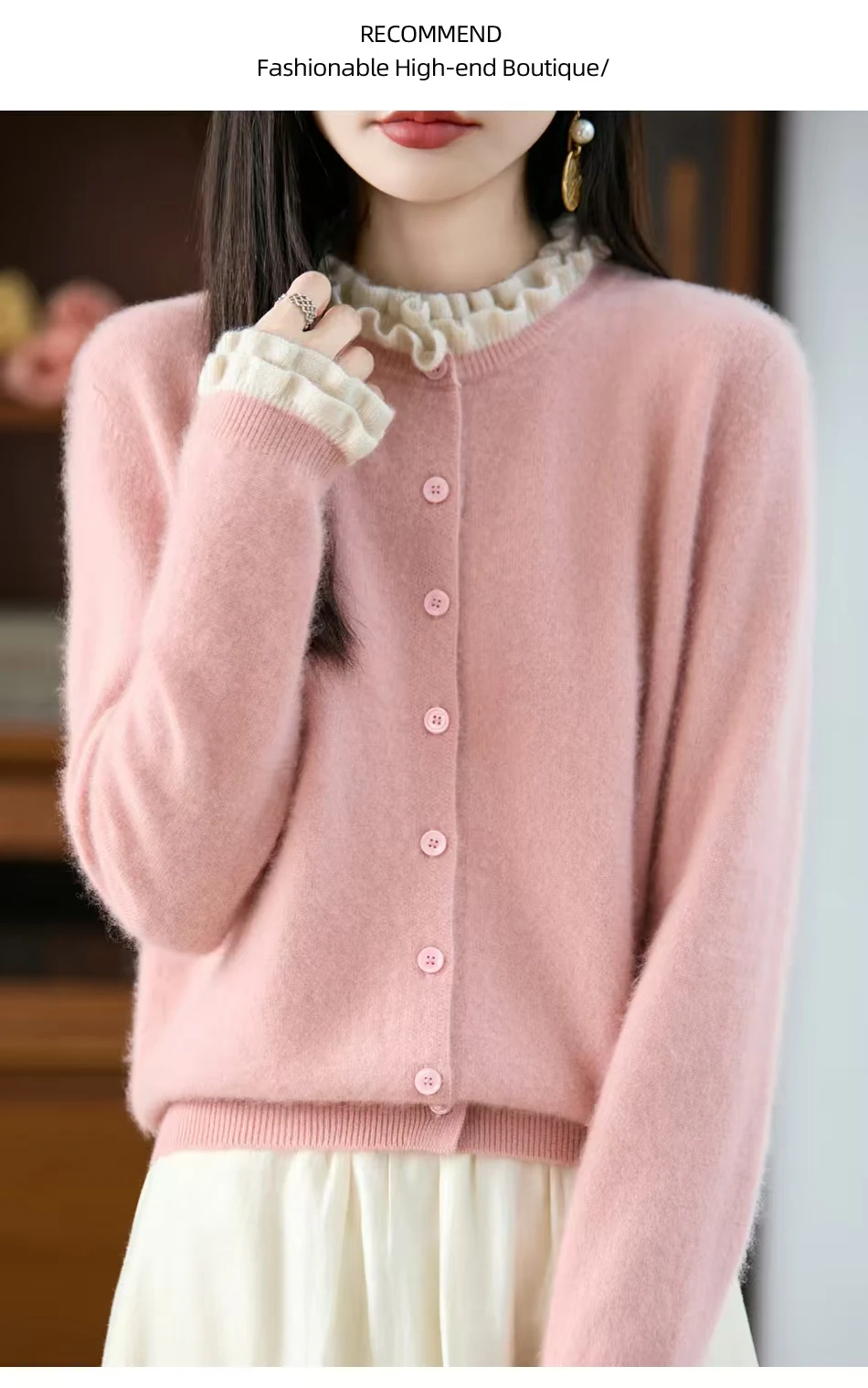 Cashmere cardigan wood ear buckle color matching knit bottoming sweater coat