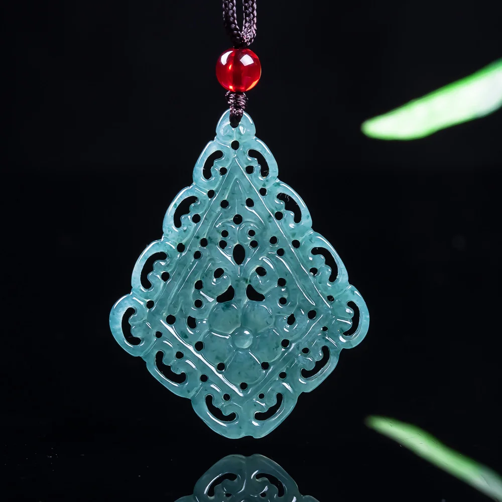 Natural Emerald Jade Blue Water Double-sided Hollowing Flower Pendant Jadeite Amulets Fashion Charm Jewelry Gifts for Men Women