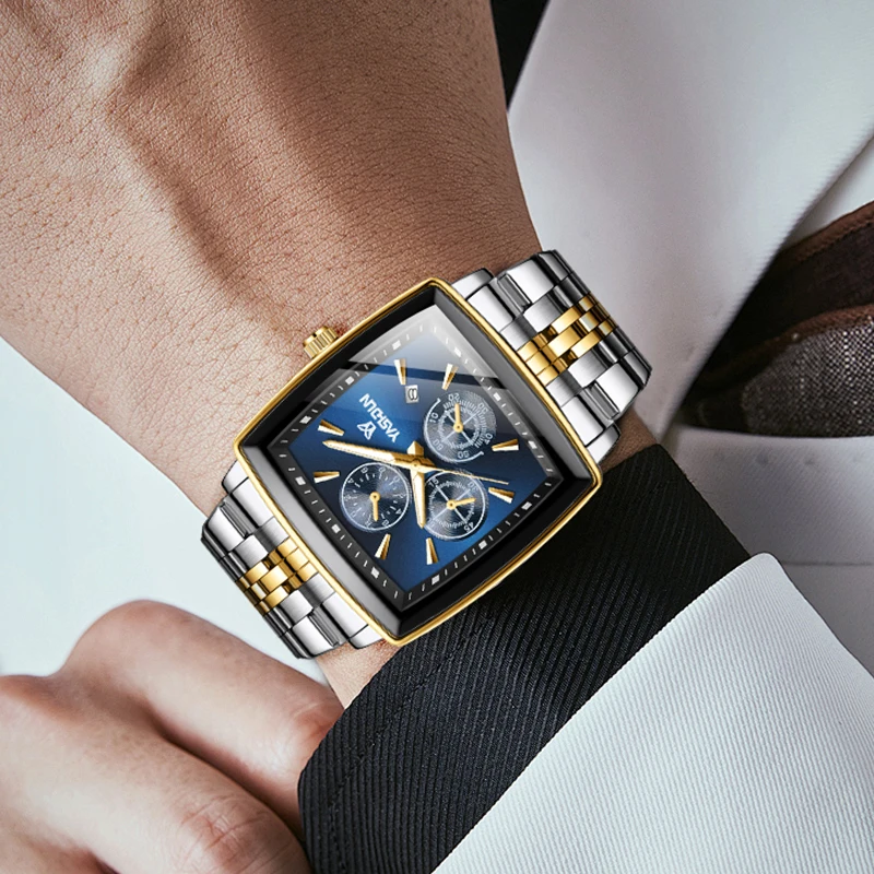 

Роскошные мужские часы с квадратным циферблатом, из нержавеющей стали, водонепроницаемые, светящиеся, с автоматической датой, хронографом, кварцевые, мужские часы Relogio Masculino