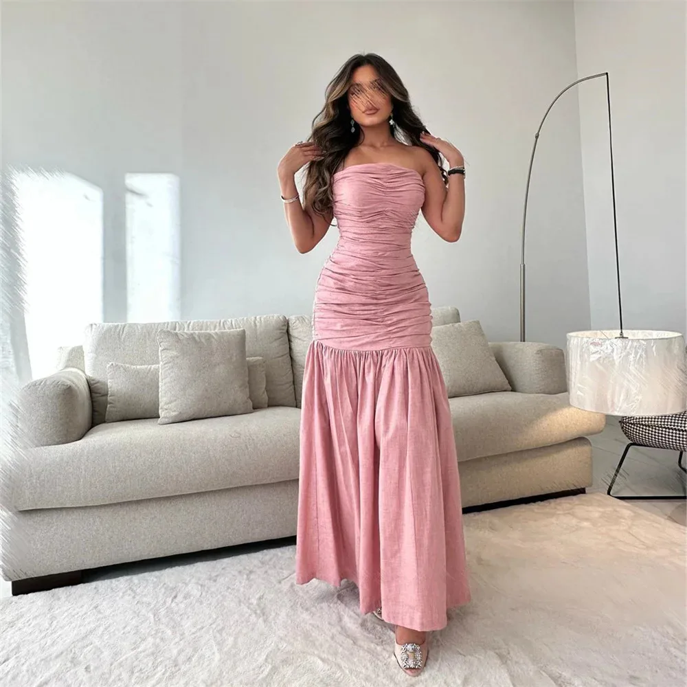 

Pleat Strapless Sleeveless A Line Long Evening Dress Ankle Length Elegant Fashion Classy Formal Prom Gown For Woman New