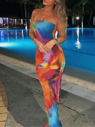 Women Off-shoulder Mesh Robe Long Dress Y2K Summer Tie Dye Sleeveless Backless Party Evening Dress Beach Holiday Streetwear