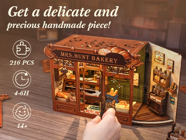 Original CUTEBEE 216pcs Mrs.Hunt Bakery Book Nook Kit DIY Miniature House Bakery Dessert Shop Dollhouse Booknook for Adults Tiny House Bookshelf Decor 3D Wooden Puzzle DIY Craft Gifts for Family Friends book nook para montar gifts for books fans