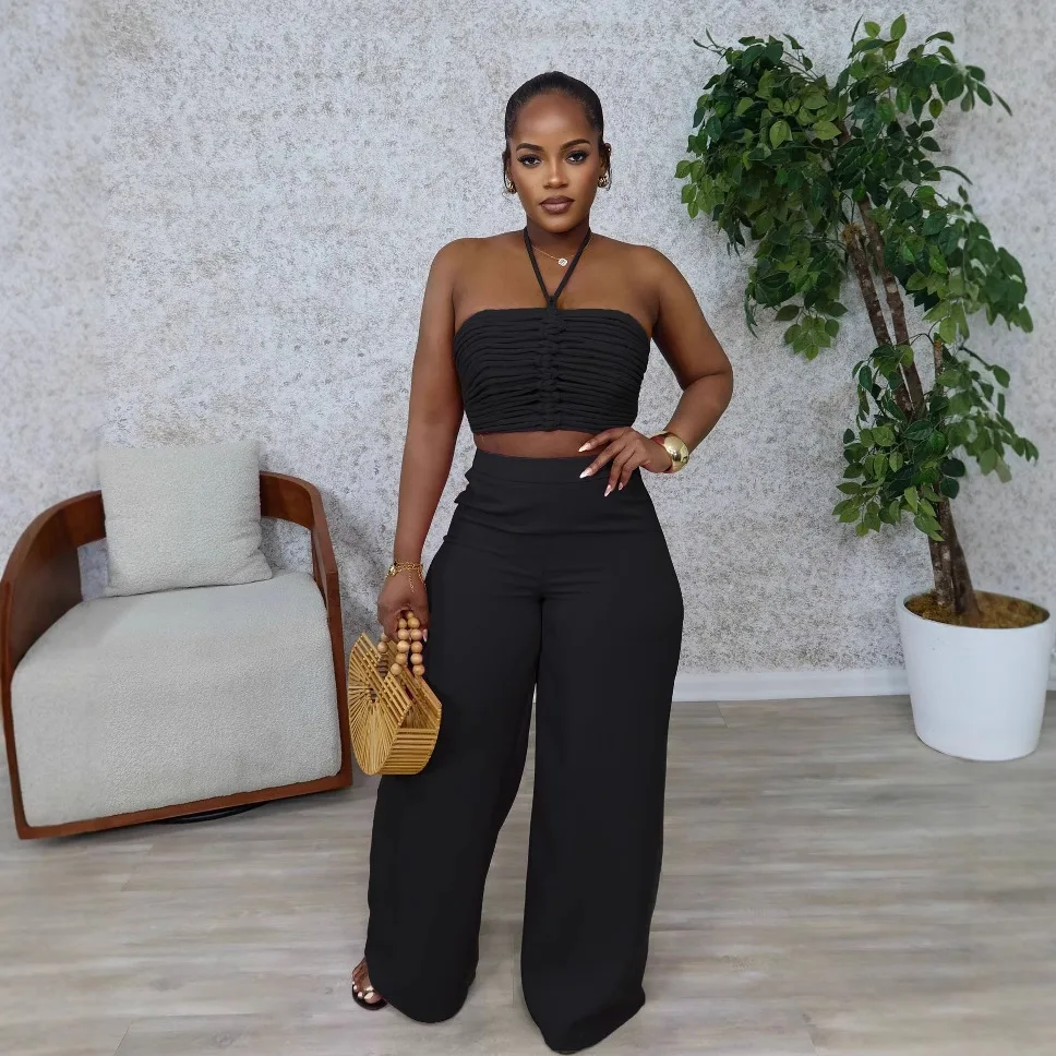 ชุดเซ็ตสตรีมีเชือกผูกและเสื้อมีเชือก เอวสูง ซิปข้าง กางเกงทรงหลวม ชุดสองชิ้น