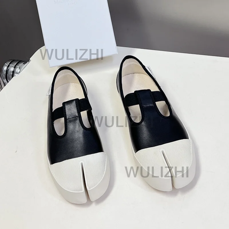 

Tabi Sneakers Black and White Leather Flats Women Casual Canvas Sporty Round Summer Slip On Office Lady Shoes Girls Patchwork