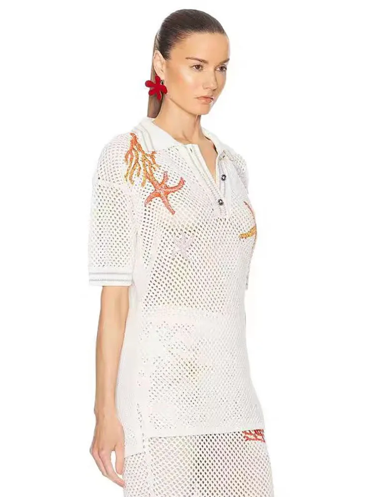 short sets y2k spring/summer starfish seashell embroidered knit t-shirt2024 high waisted hipster midi dresses Two-piece dress