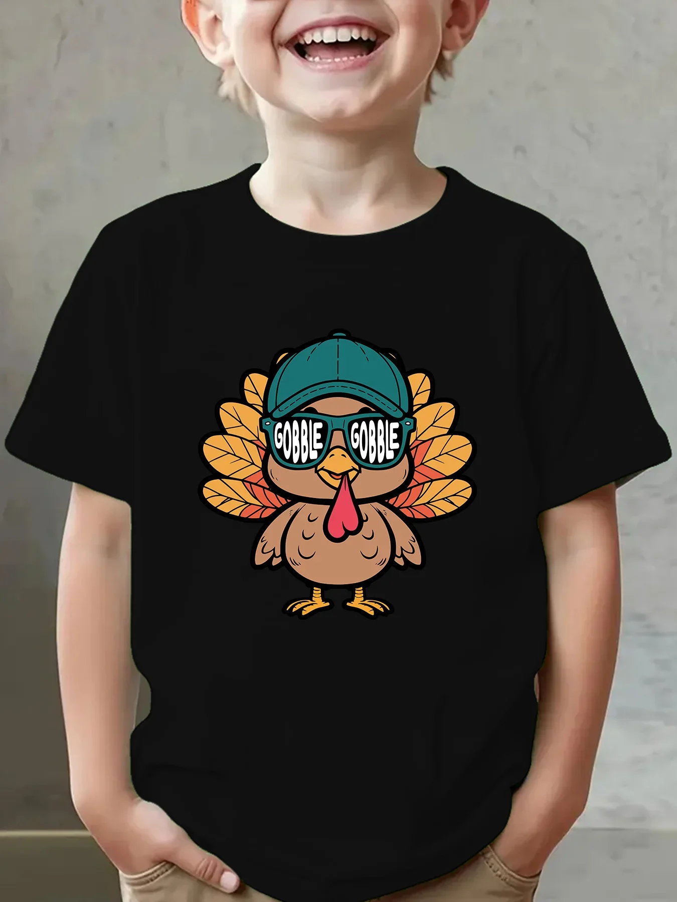 Family Matching Gobble Turkey T-Shirts with Cool Cap And Sunglasses Short Sleeve Cotton Summer Tops for Mom Dad Boys Girls