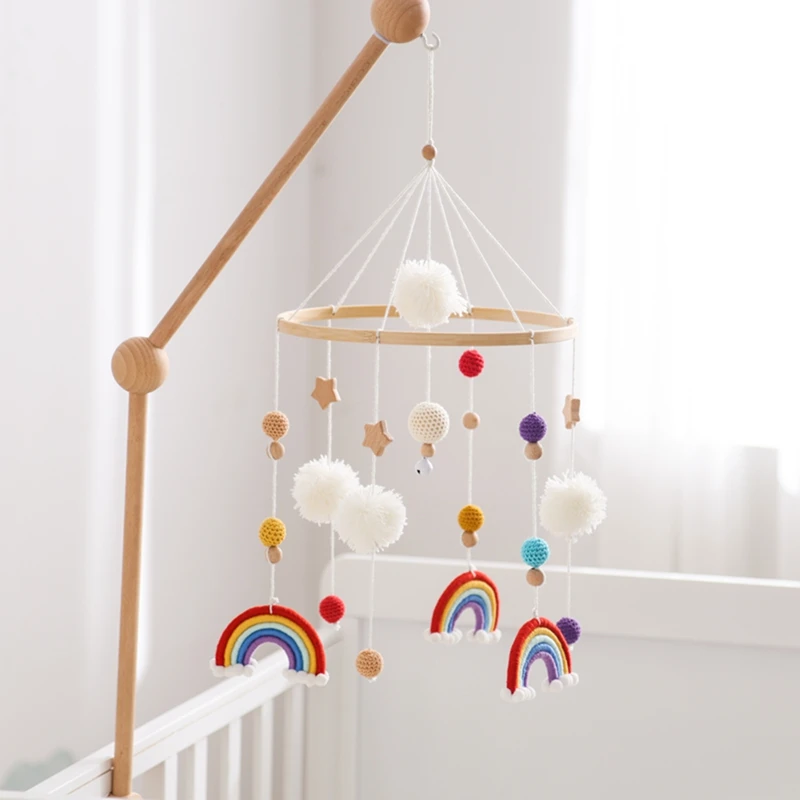 Cama de madeira do bebê Bell, Móvel Pendurado Brinquedo, Berço recém-nascido, Estrela do arco-íris Pingente, Suporte de cama, Presentes do miúdo, 0-12 meses