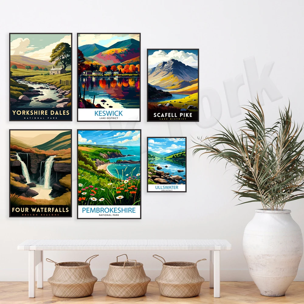 Yorkshire Moors, Brecon Beacons, Keswick Lake District, Scafell Pike, Lauterbrunnen Switzerland, Ashdown Forest travel poster