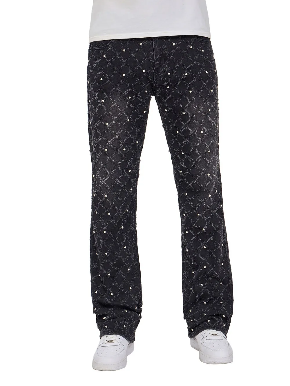 Denim Straight Ankle Length Pants Men Jean Washed Vintage Pearl Jeans Print Pockets High Street Spliced Distressed 2025