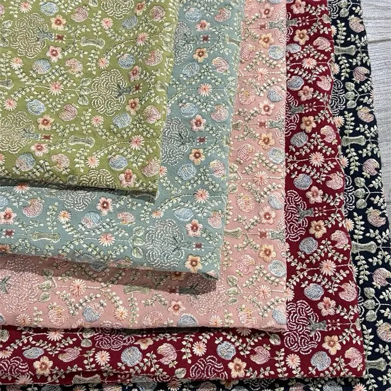 Colorful Apple Tree Floral Embroidery Cotton Linen Fabric Multi Color for Handbag Coat Garment DIY Sewing Craft