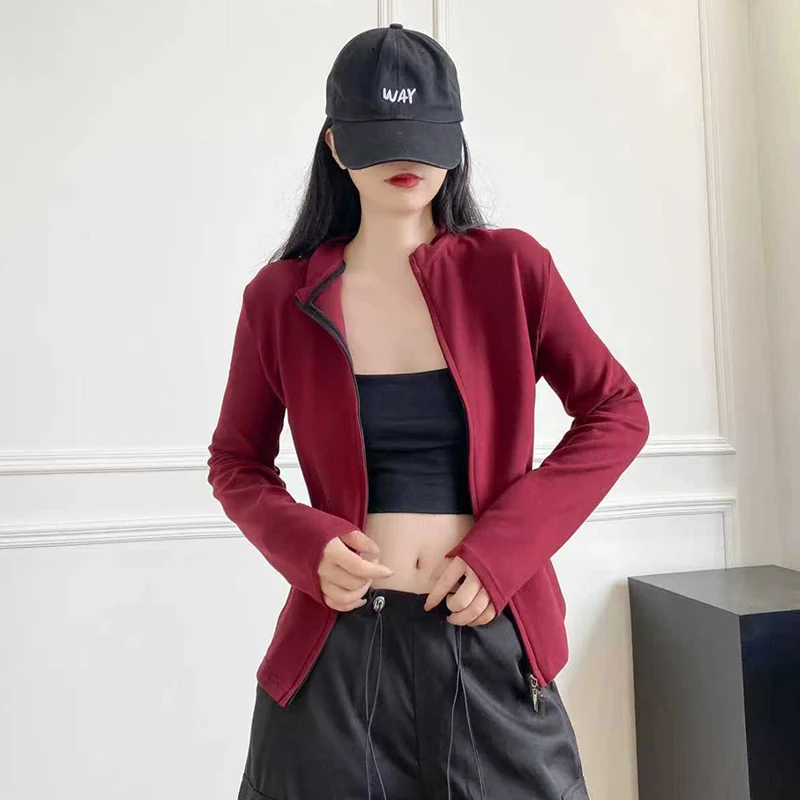 

Slim Fit Long Sleeve Sports Jackets Women Streetwear Double Zipper Jackets for Woman Spring Autumn Stand Collar Outwear Mujer