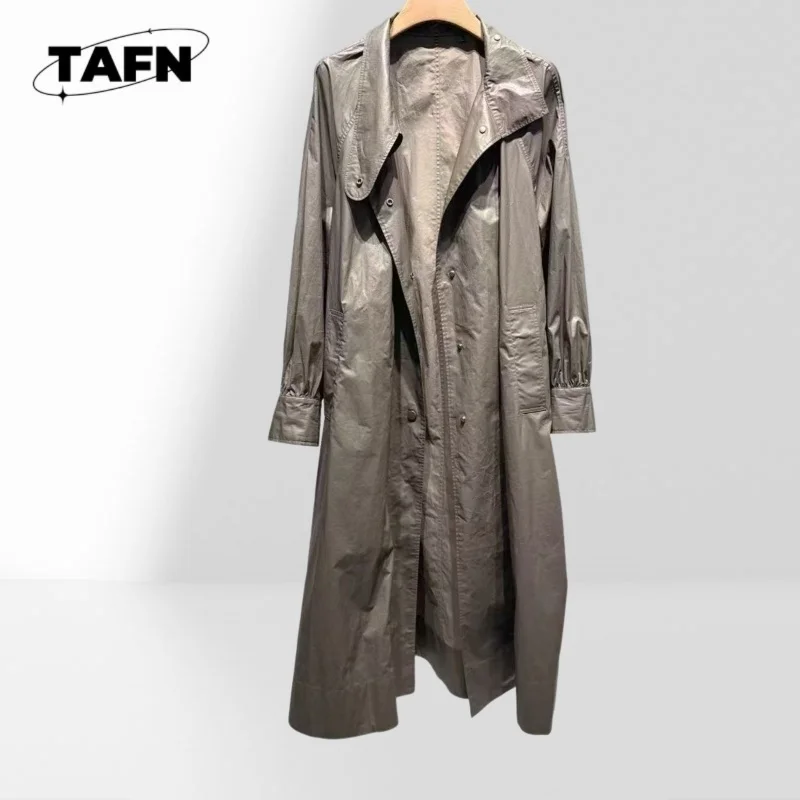 Cotten Women Glossy Long Trench Coat Stand Collar Loose Long‑Sleeve Windbreaker Snap Button Casual Lightweight BH1616