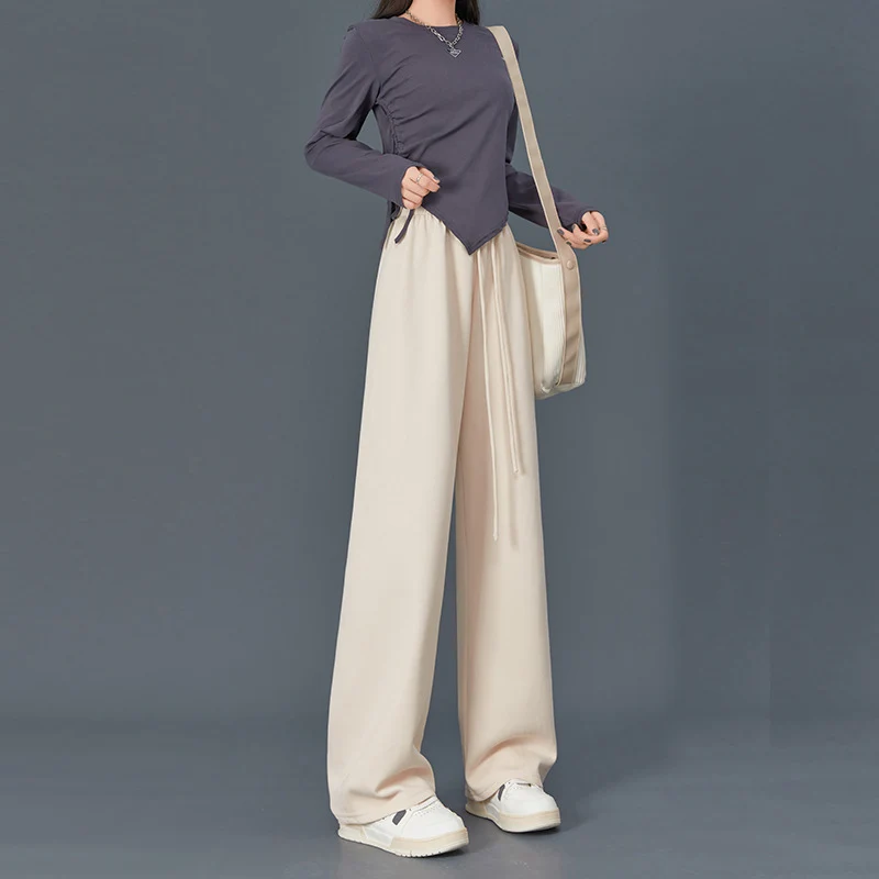 Spring Autumn Women Long Pants Casual Wide leg Elastic Waist Female Straight Knitted Trousers Fashion Sports Pants Loose Pants