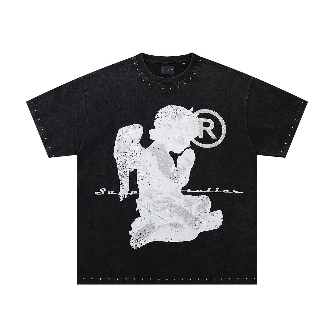 High Quality Washed Men T‑Shirt Rhinestone Praying Angel Graphic Print Tees Oversized Streetwear Hiphop Loose Casual T‑Shirt