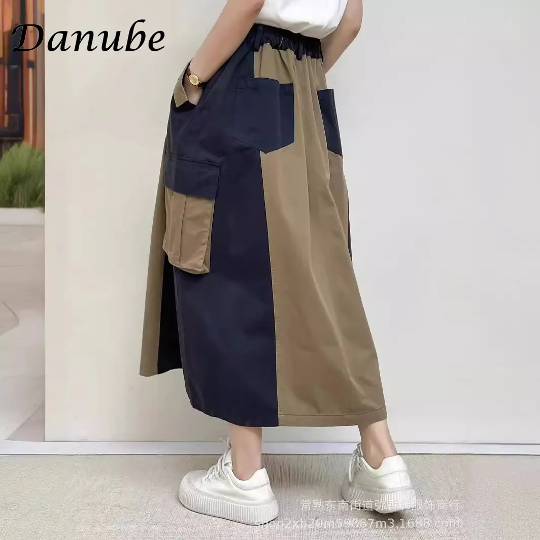 Japanese Patchwork Cargo Skirt For Women Spring Summer Casual Pocket High Waist Mid-length Skirt Y2k Harajuku Retro Jupe Femme