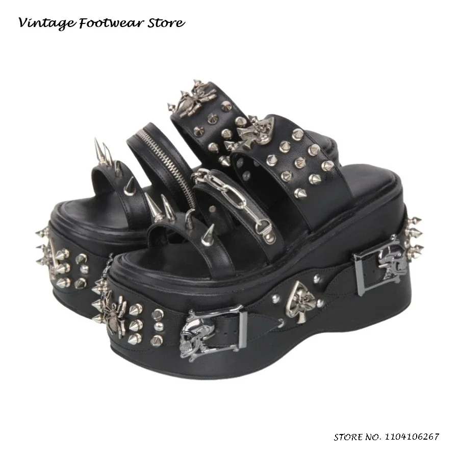 

Туфли на платформе с металлическими заклепками в стиле панк, обувь на платформе с круглым открытым носком, увеличивающая рост, летние современные тапочки в уличном стиле