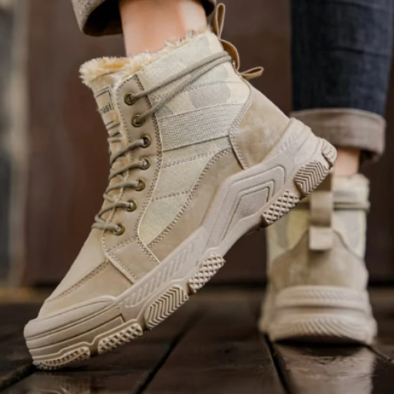 

Men's Winter New Plush High Top Cotton Boots Thick sole Non Slip Thicken Keep Warm Lace Up Ankle Work Boots Outdoor Hiking Boots