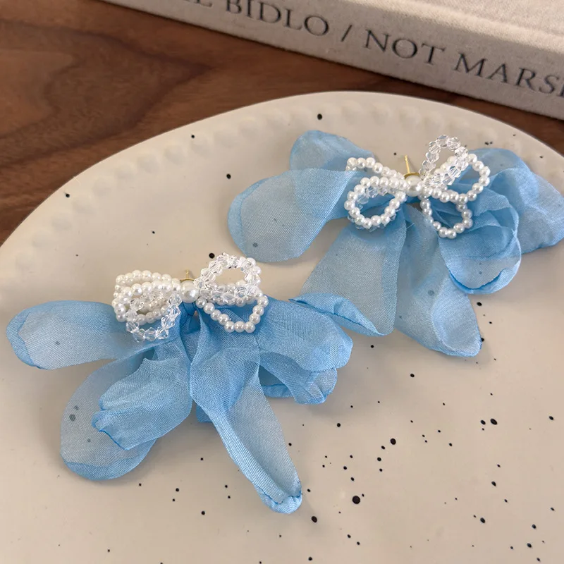 Pearl Crystal Beaded Bow Blue Chiffon Flower Earrings Vacation Beach Elegant Gentle Studs for Women Lightweight Handmade Design