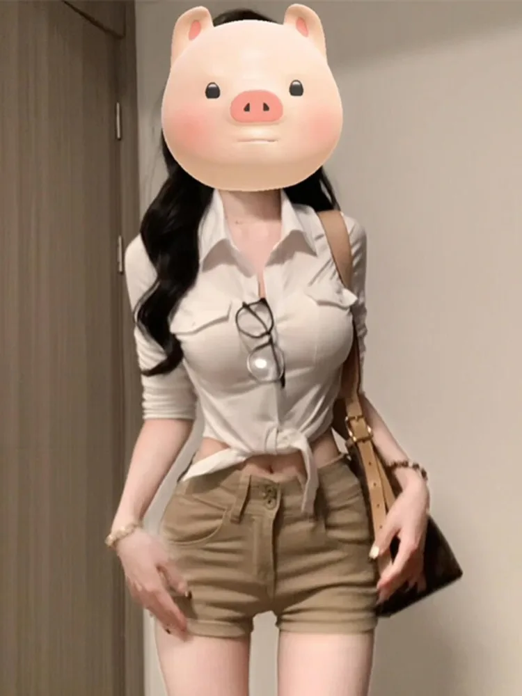 

White Collar Long Sleeve Shirt Women's Spring Summer New Style Pure Desire Waist-Cinching Short Top Korean Style Commute