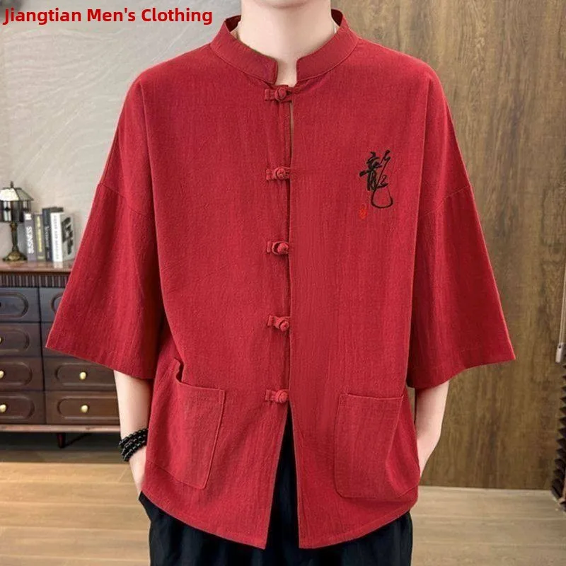 

New Chinese Style Men's Cotton Linen Short Sleeve Shirt Loose Fit Summer Top Seven Sleeve Embroidery Autumn Wear for Middle-A...