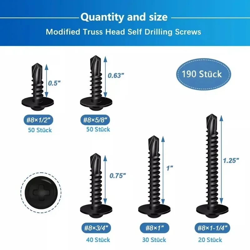 190pcs Self-Tapping Screws Self-Drilling Screw Set Black Carbon Steel Round Head Screw Assortment Kit Hardware Tools Nail Screw