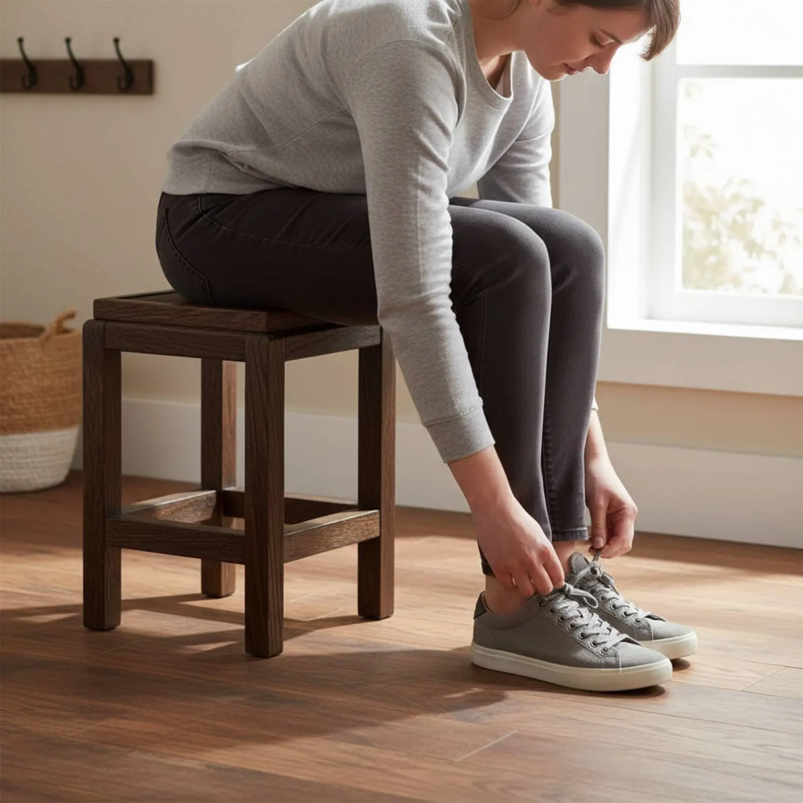 Square Wooden Stool Solid Wood Square Stool Low Wooden Bench Compact Size Footrest Sturdy Build for Entryway