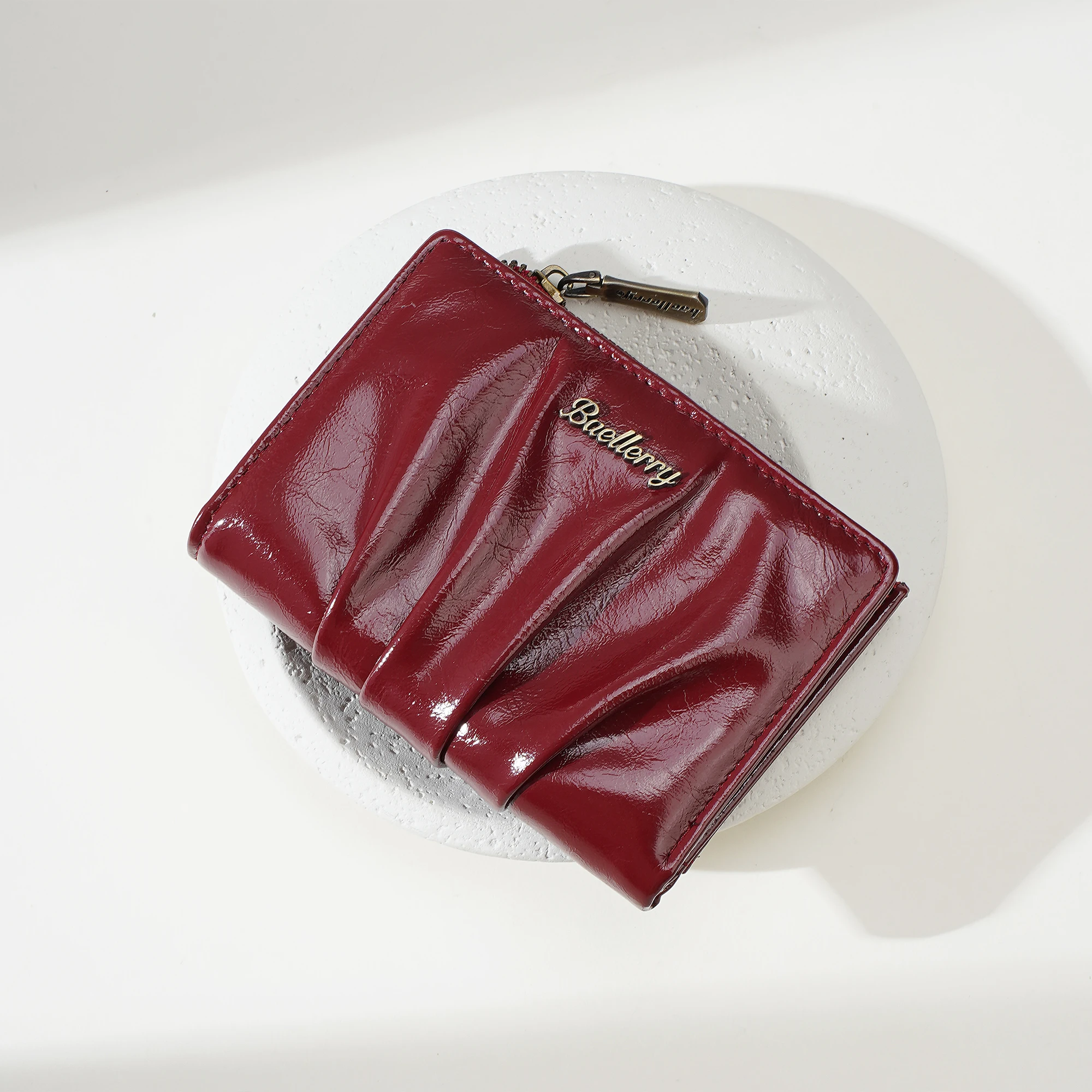 1 Stück Retro Plissierte Glänzende Öl-Wachs-PU Damen-Kurzgeldbörse, Doppelt Faltbare Schnappgeldbörse, Reißverschluss-Münzfach + Ausweisfenster, Geeignet für Outdoor-Dates, Geschenk für Frauen – Detail 22