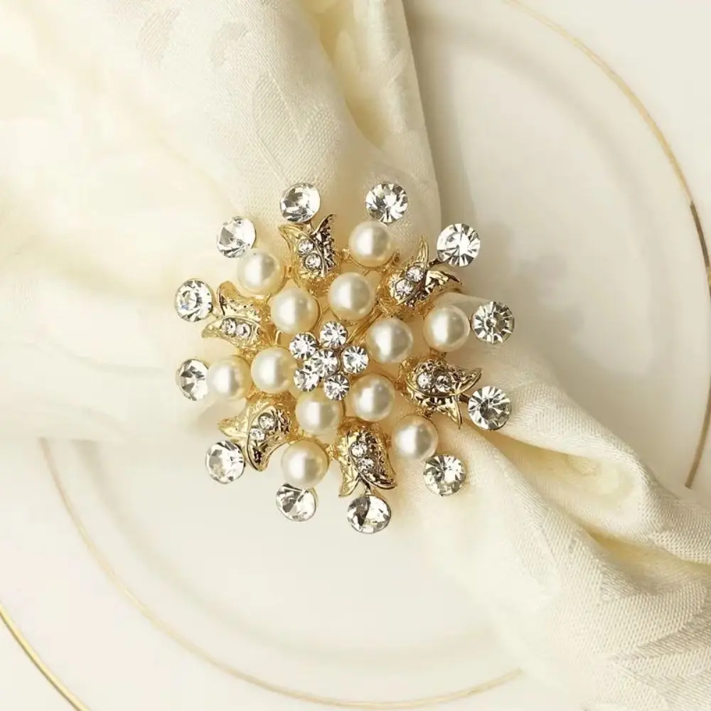 

10PCS Round Pearl Napkin Ring Holder, Flower, Pearl Buckle, Christmas, Wedding Party, Hotel Table Decoration