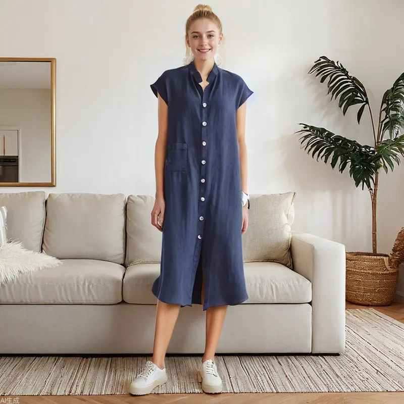 

Летнее хлопково-льняное однобортное платье-рубашка, женские повседневные свободные карманы, простые ретро-пригородные женские платья миди для отдыха